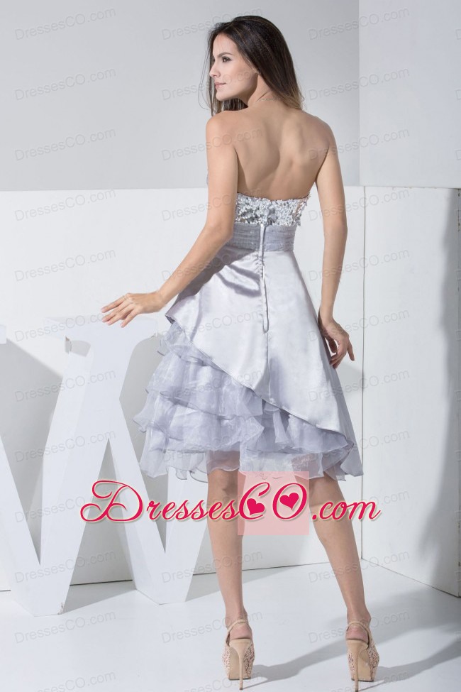 Sequin Bowknot Ruffled Decorate Bodice Neckline Silver Knee-length