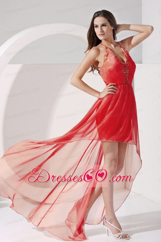 Halter Embroidery Taffeta and Organza High-low Prom Dress