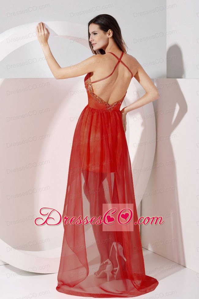 Halter Embroidery Taffeta and Organza High-low Prom Dress