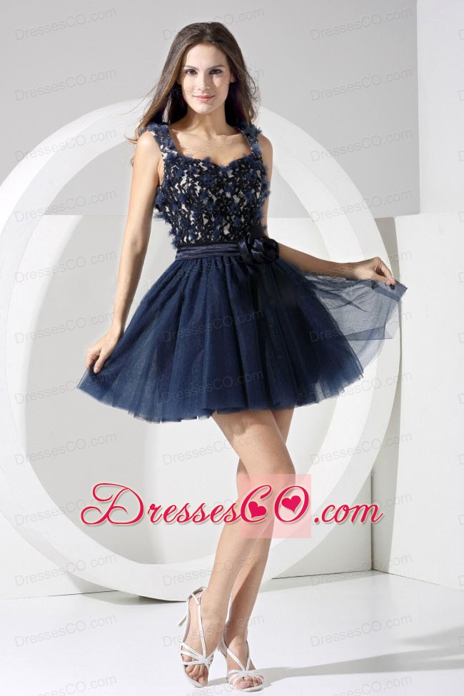 Lace Decorate Bodice A-line Navy Blue Straps Mini-length Backless Prom Dress