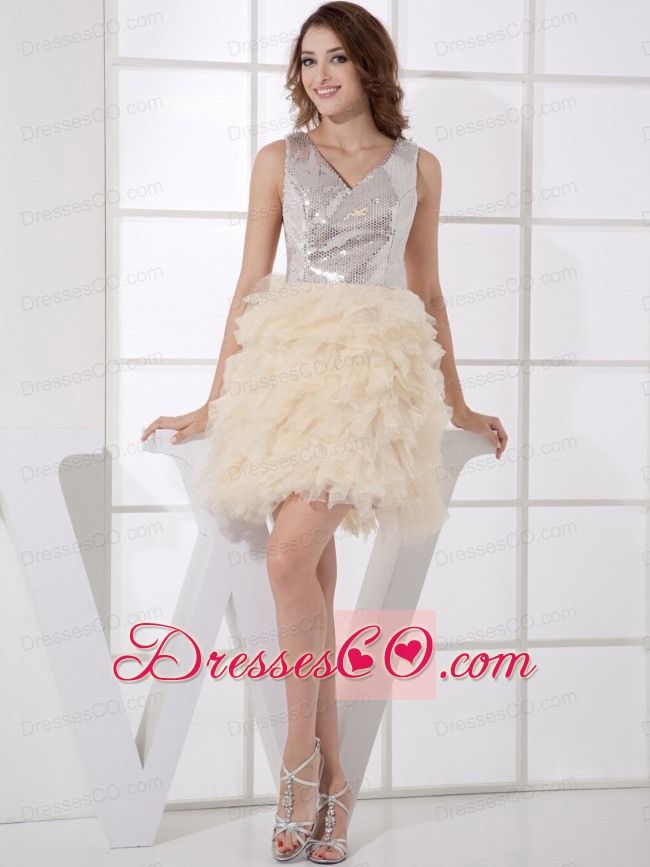 V-neck Silver And Champagne Sequin And Organza Mini-length Ruffles Prom Dress