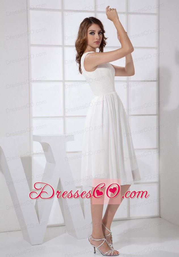 V-neck White Chiffon Knee-length Empire Prom Dress