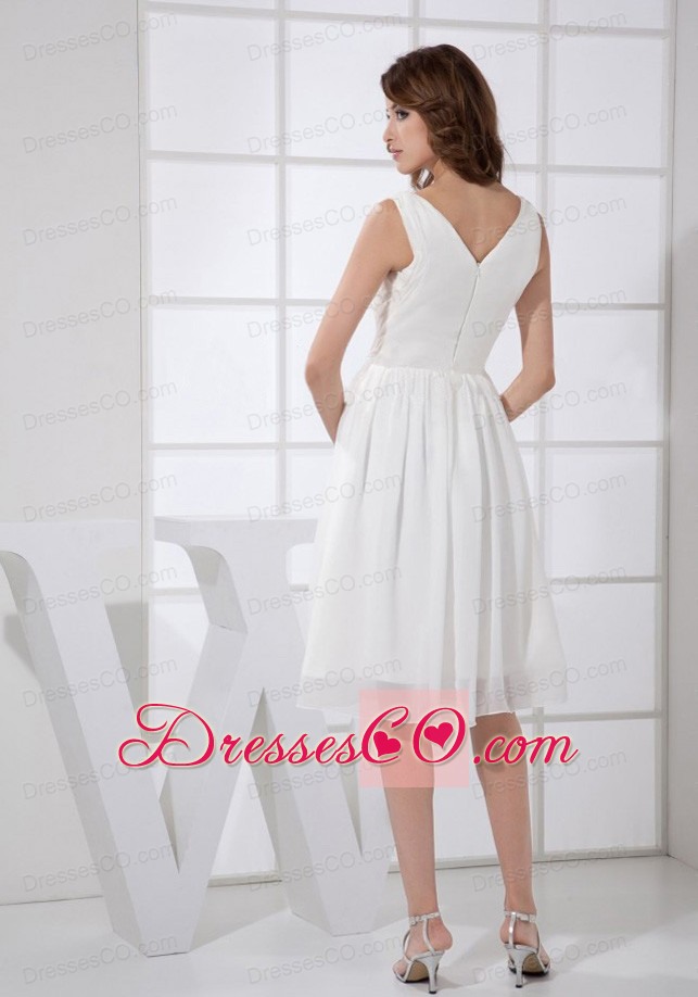 V-neck White Chiffon Knee-length Empire Prom Dress