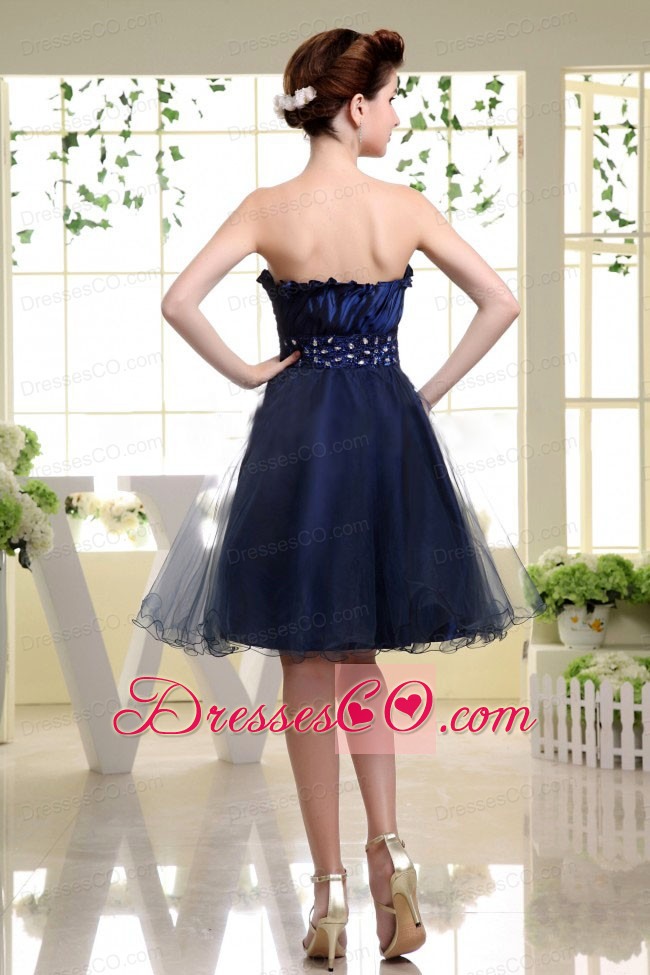 Navy Blue Prom Dress With Beaded Decorate Waist