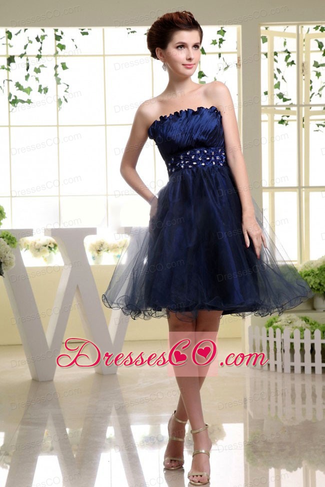 Navy Blue Prom Dress With Beaded Decorate Waist