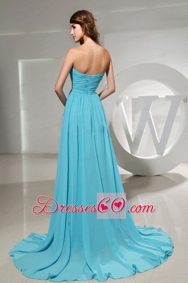 Strapless Ruching For Elegant Blue Prom Dress With Brush Train