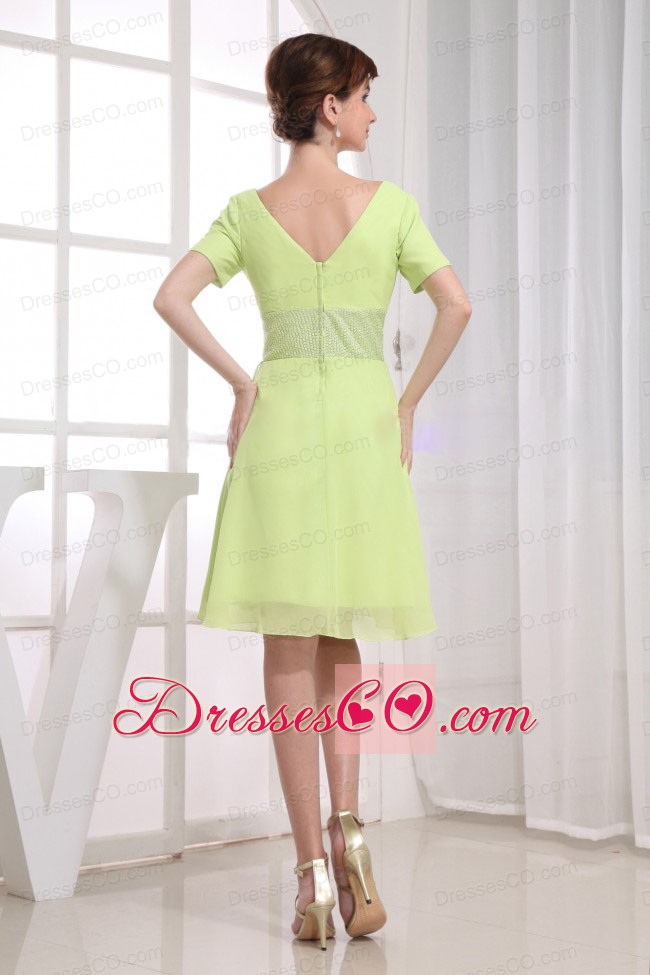 A-line V-neck Prom Dress Chiffon Knee-length Homecoming Yellow Green