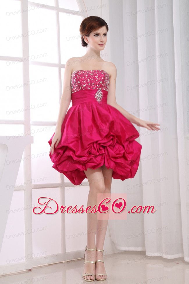 Beading Mini-length A-line Strapless Taffeta Prom Dress Hot Pink