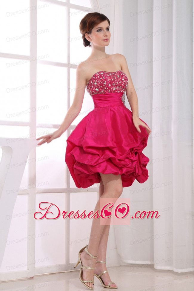 Beading Mini-length A-line Strapless Taffeta Prom Dress Hot Pink