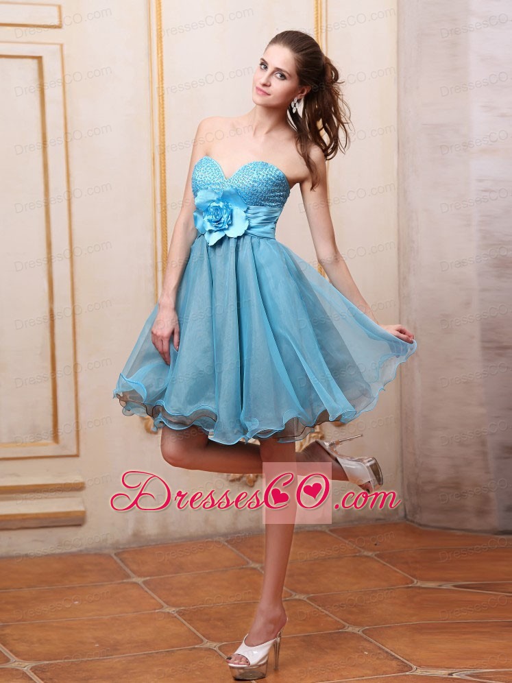 Baby Blue Prom / Homecoming Dress With Beaded And Hand Made Flower Knee-length
