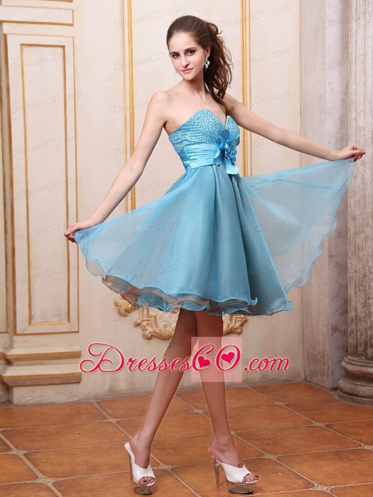 Baby Blue Prom / Homecoming Dress With Beaded And Hand Made Flower Knee-length