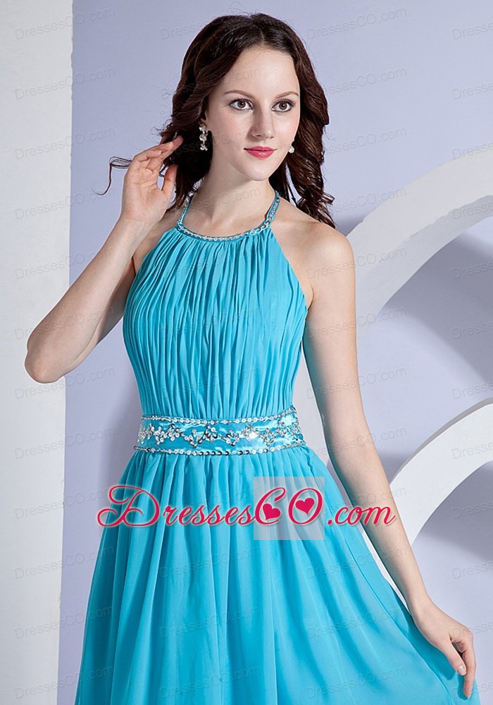 Beading And Ruching Decorate Bodice Halter Aqua Blue Chiffon Knee-length Prom Dress