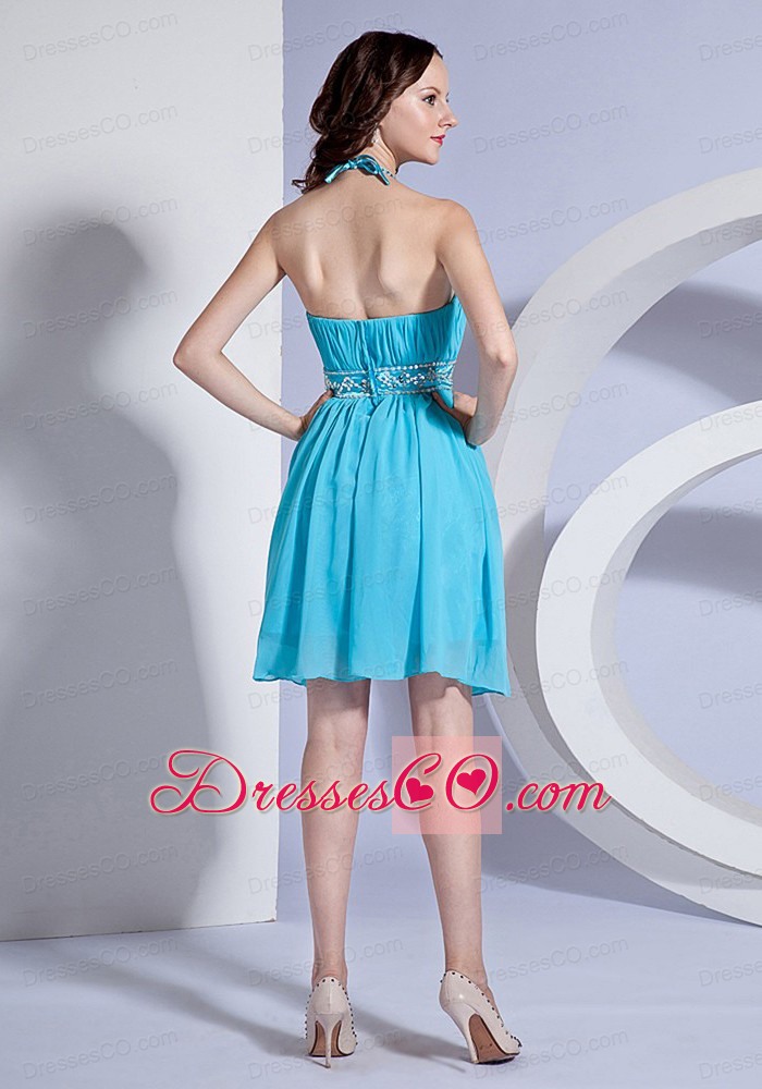 Beading And Ruching Decorate Bodice Halter Aqua Blue Chiffon Knee-length Prom Dress