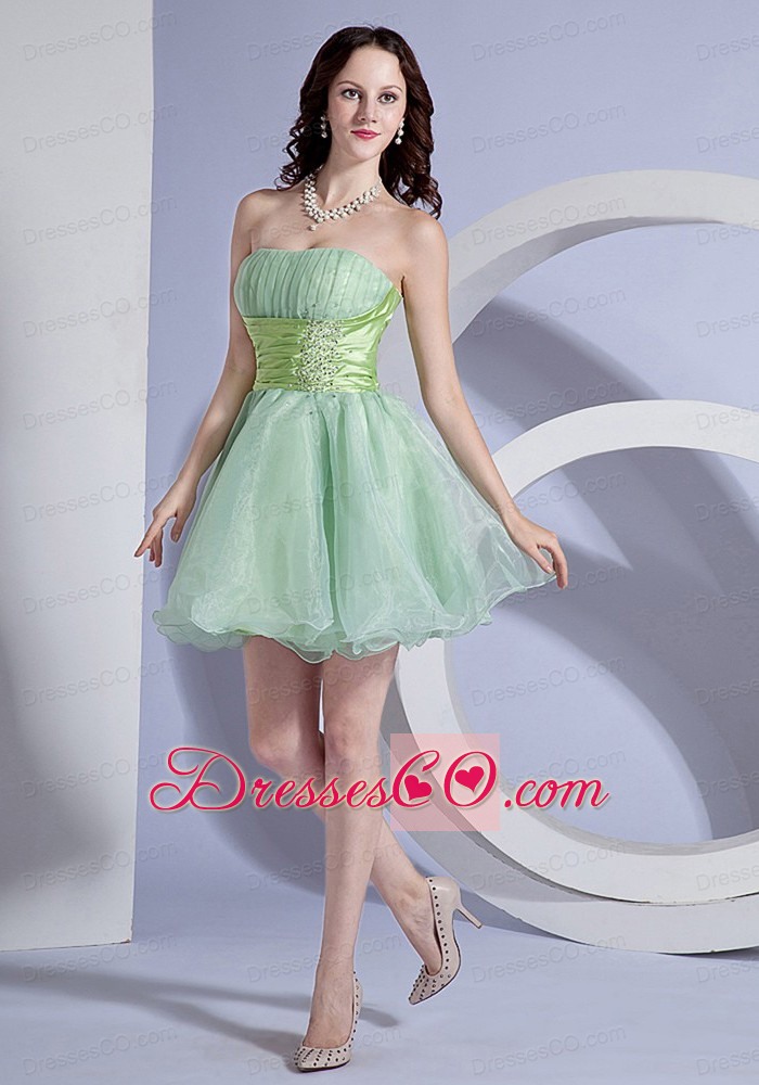 Apple Green A-line Mini-length Beading Decorate Waist Strapless Organza Prom Dress