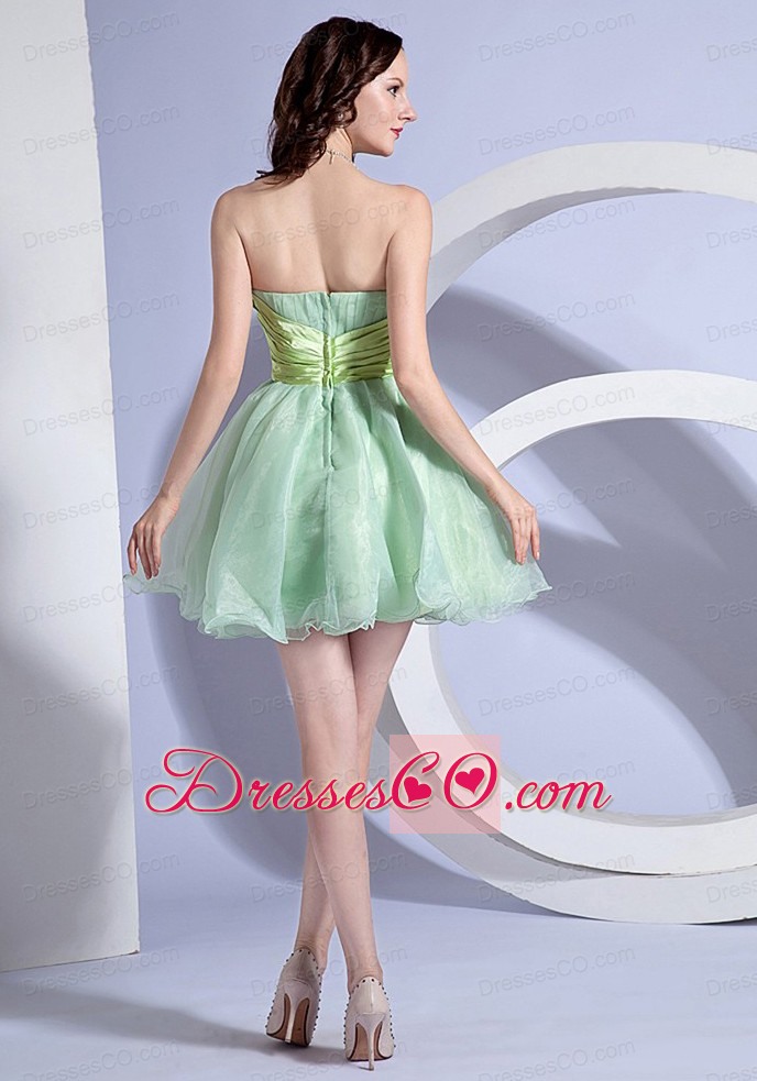 Apple Green A-line Mini-length Beading Decorate Waist Strapless Organza Prom Dress