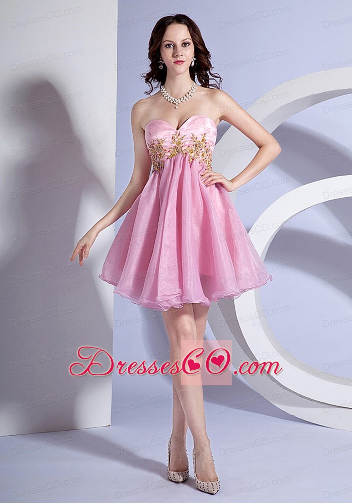 Appliques Decorate Bodice Neckline Pink Organza Mini-length Prom Dress