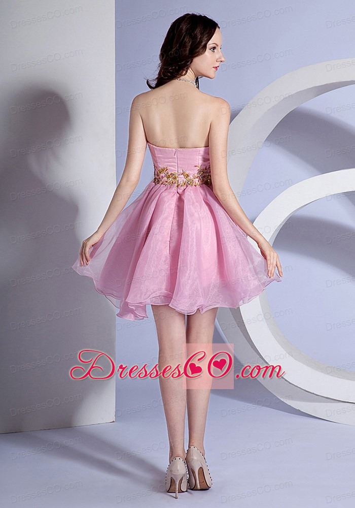 Appliques Decorate Bodice Neckline Pink Organza Mini-length Prom Dress