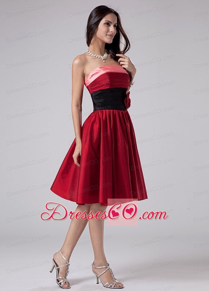 Hand Made Flowers Taffeta Knee-length Strapless A-line Wine Red Prom Dress