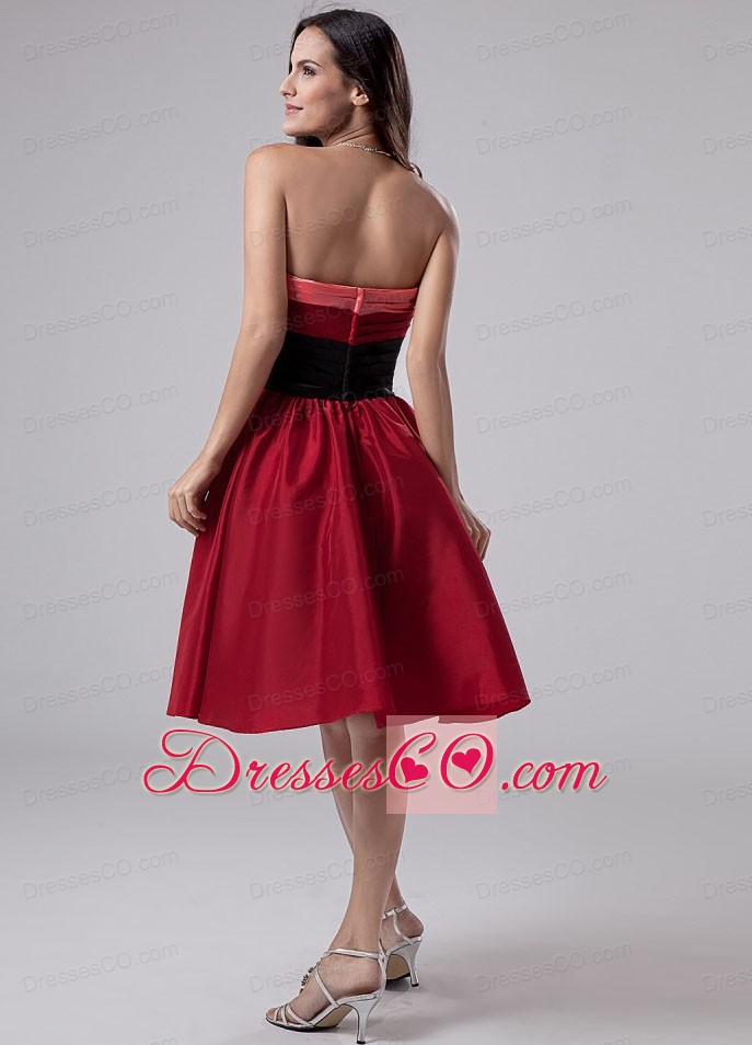 Hand Made Flowers Taffeta Knee-length Strapless A-line Wine Red Prom Dress
