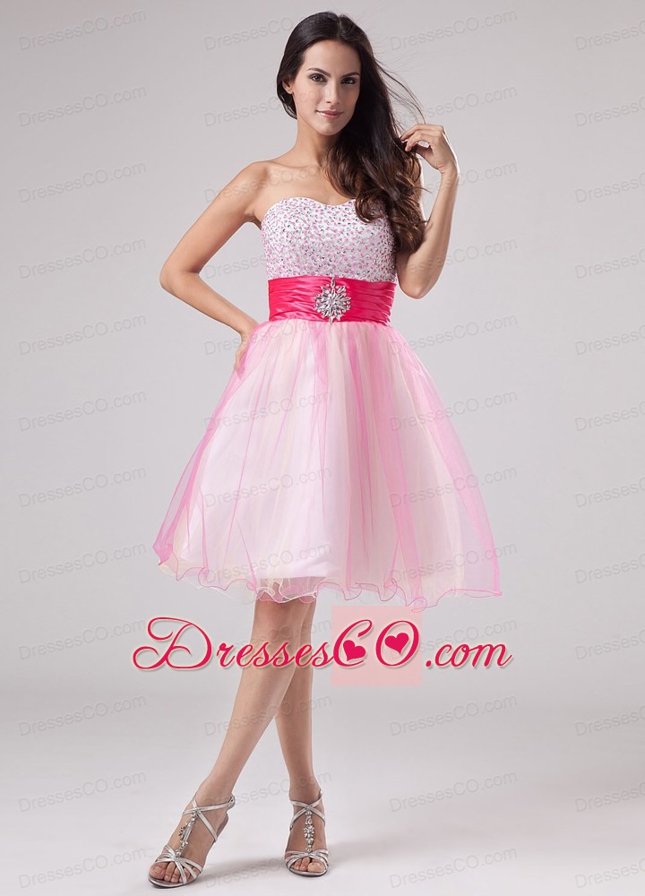 Beading Prom Dress Strapless Organza Knee-length A-line Pink