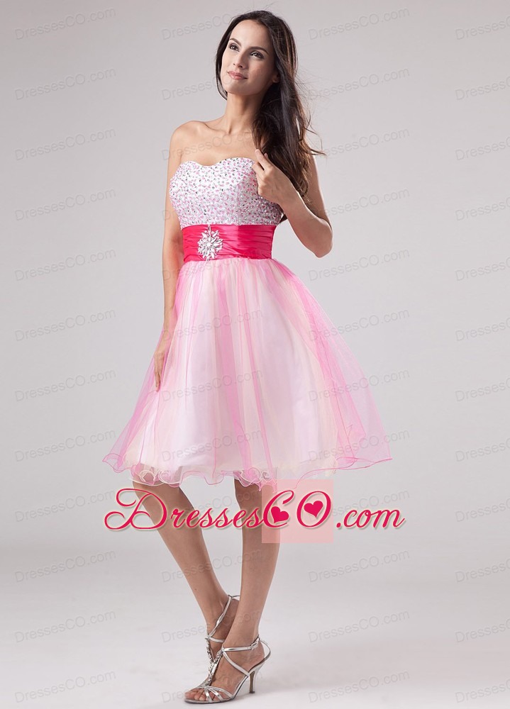 Beading Prom Dress Strapless Organza Knee-length A-line Pink