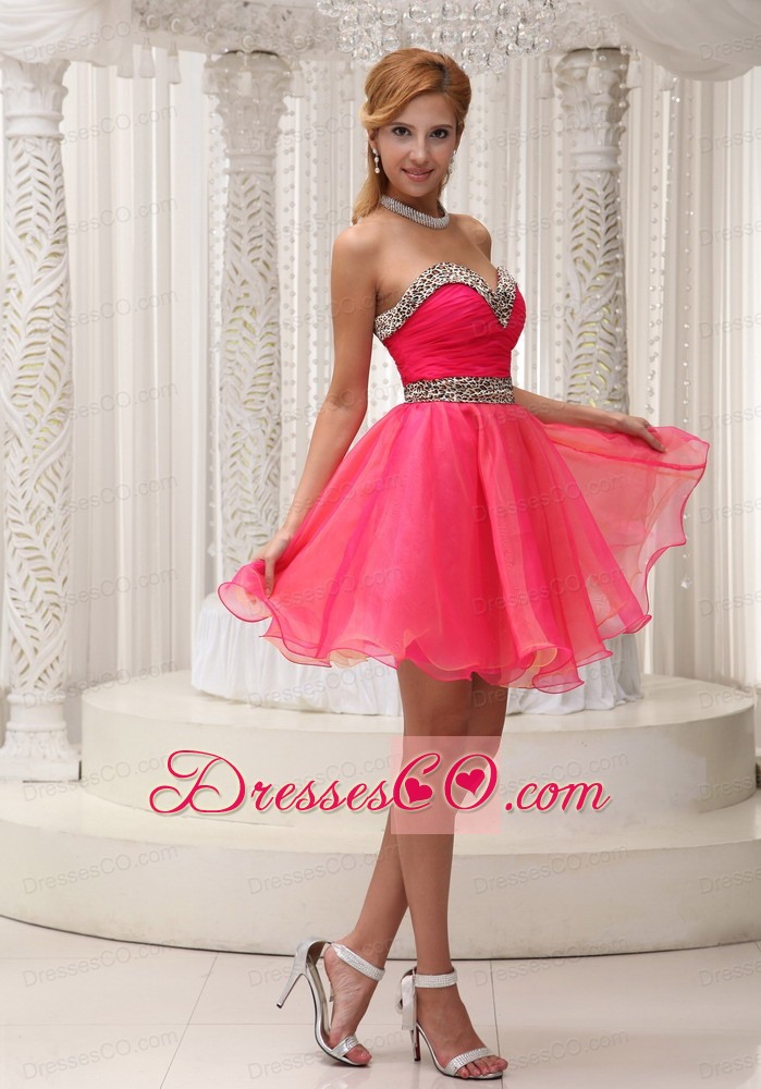 Ruched Bodice And Leopard Coral Red Lovely Prom / Cocktail Dress With Mini-length