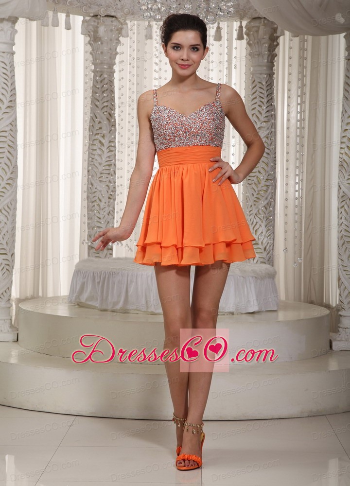 Orange A-line Spaghetti Straps Mini-length Chiffon Beading Prom Dress