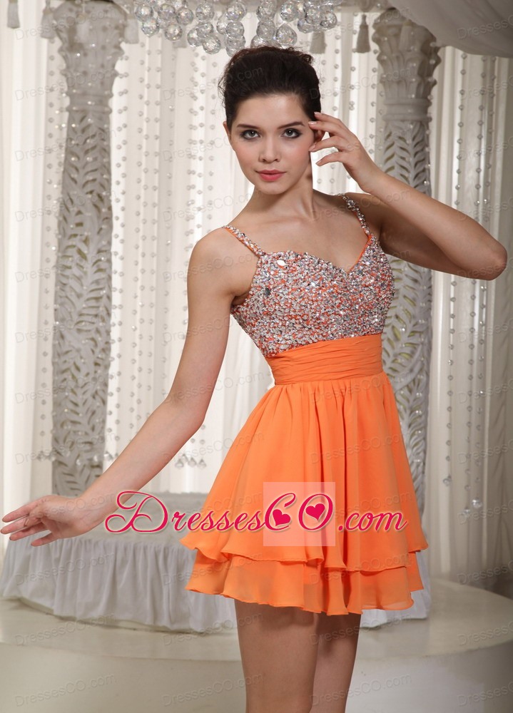 Orange A-line Spaghetti Straps Mini-length Chiffon Beading Prom Dress