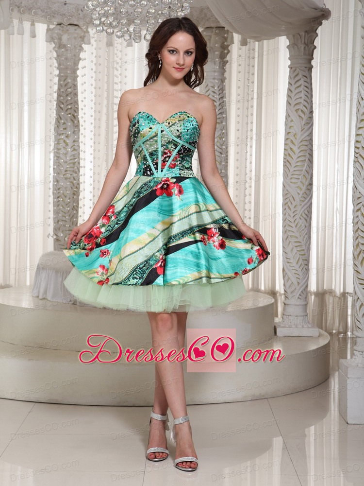Printing Prom Dress Wtih Knee-length Beading