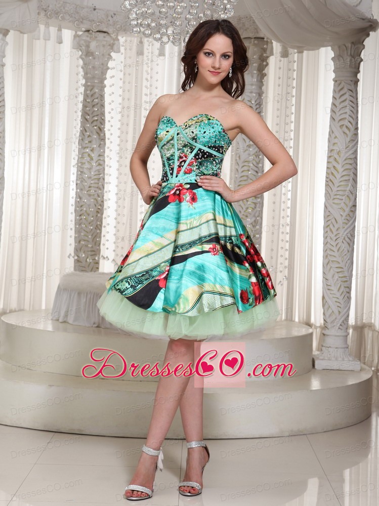 Printing Prom Dress Wtih Knee-length Beading