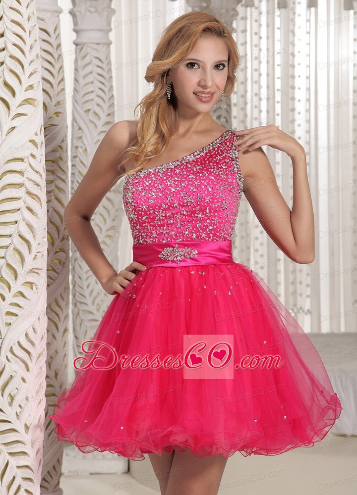 One Shoulder Beaded Decorate Bust Sweet Prom / Cocktail Dress With Hot Pink