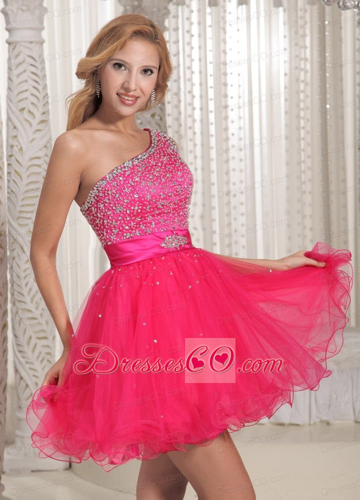 One Shoulder Beaded Decorate Bust Sweet Prom / Cocktail Dress With Hot Pink