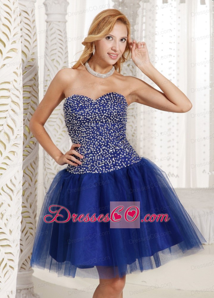Peacock Blue Beaded Decorate Up Bodice Knee-length Prom Dress Tulle