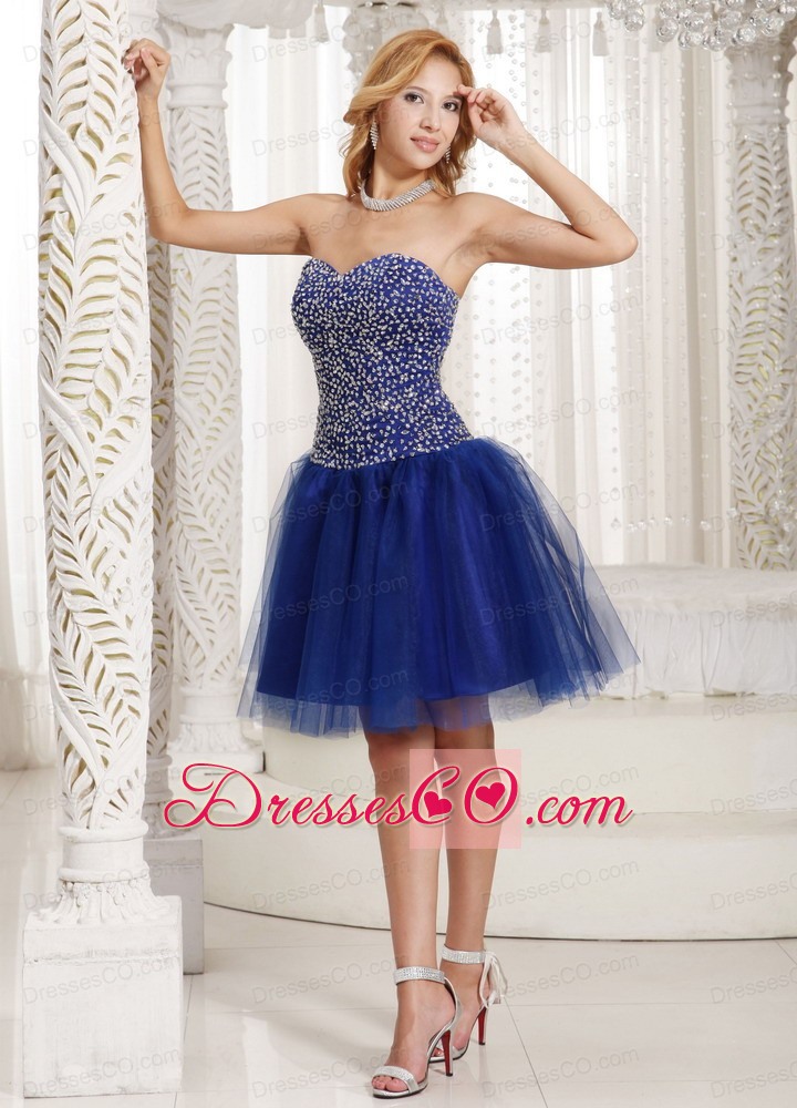 Peacock Blue Beaded Decorate Up Bodice Knee-length Prom Dress Tulle
