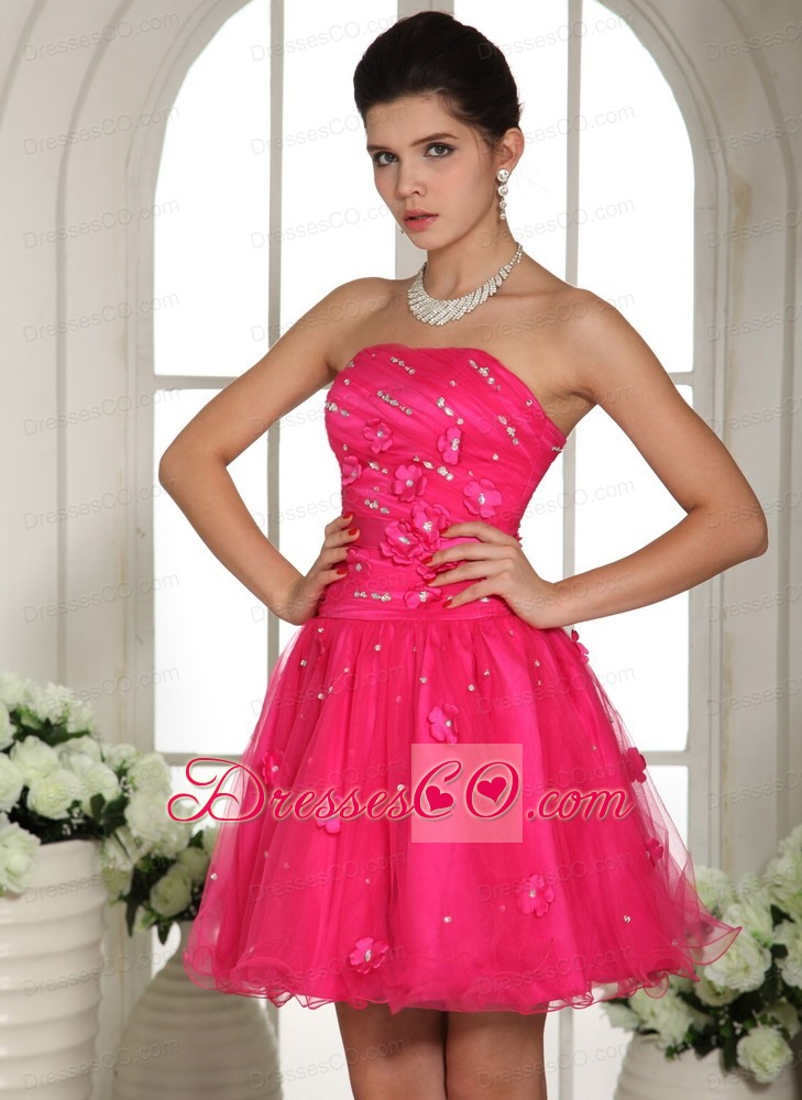 Hot Pink Prom Dress With Appliques And Beading Mini-length For Custom Made