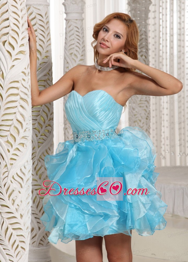Wholesale A-line Aque Blue Ruffles Prom Dress Ruched Bodice And Beading Mini-length