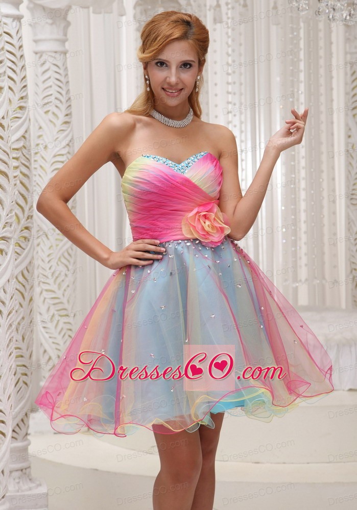 Lovely Ombre Color Prom Dress For Organza With Hand Made Flower Ruched Bodice