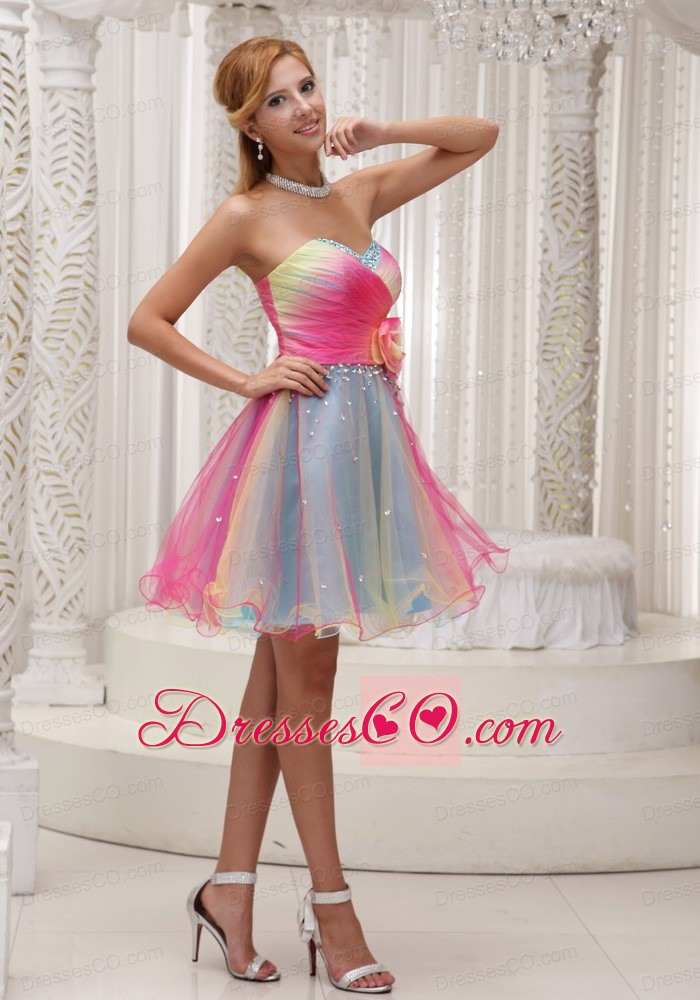 Lovely Ombre Color Prom Dress For Organza With Hand Made Flower Ruched Bodice