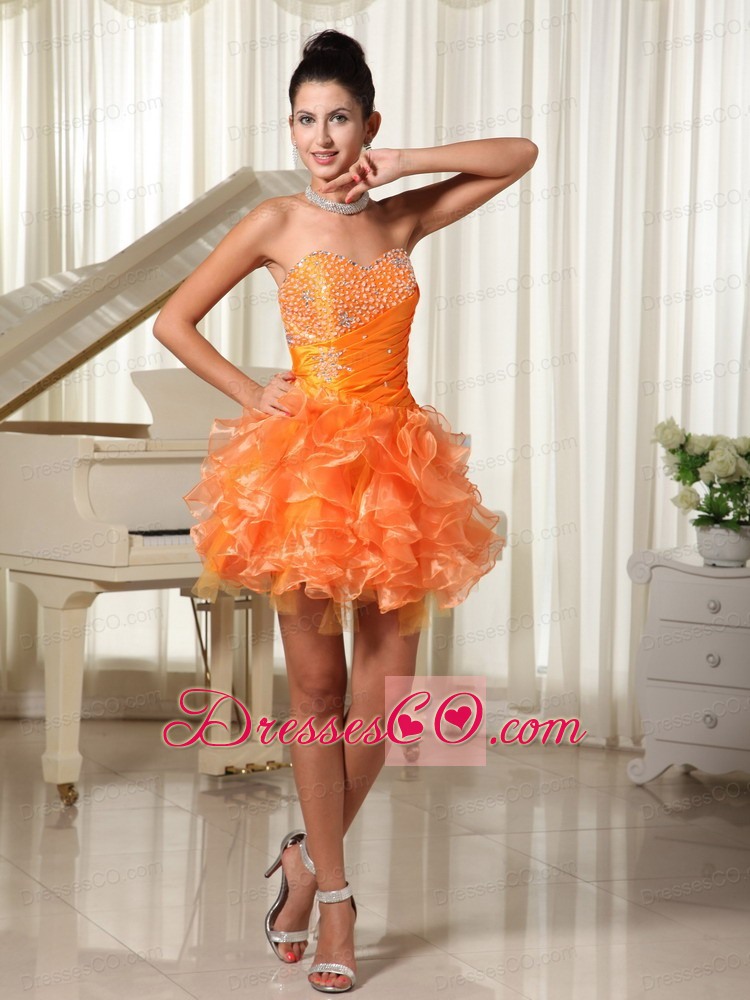 Mini-length Orange Cocktail Dress With Bust Beading And Ruffles