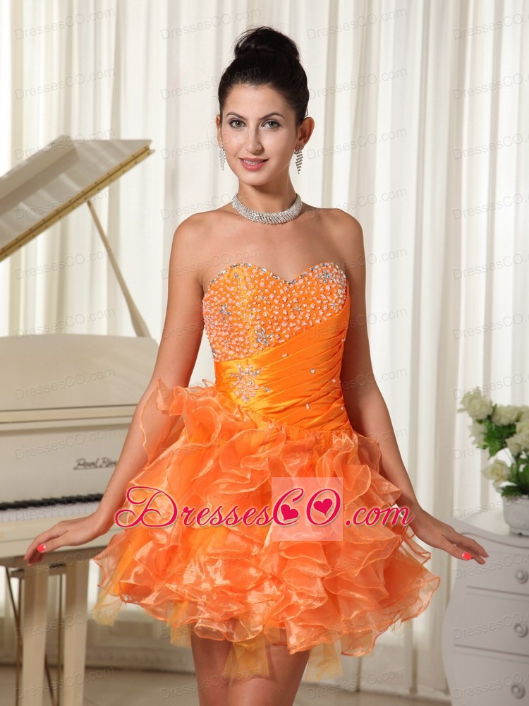 Mini-length Orange Cocktail Dress With Bust Beading And Ruffles