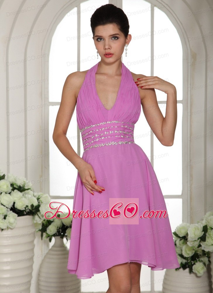 Stylish Lavender Halter Prom Cocktail Dress With Beading
