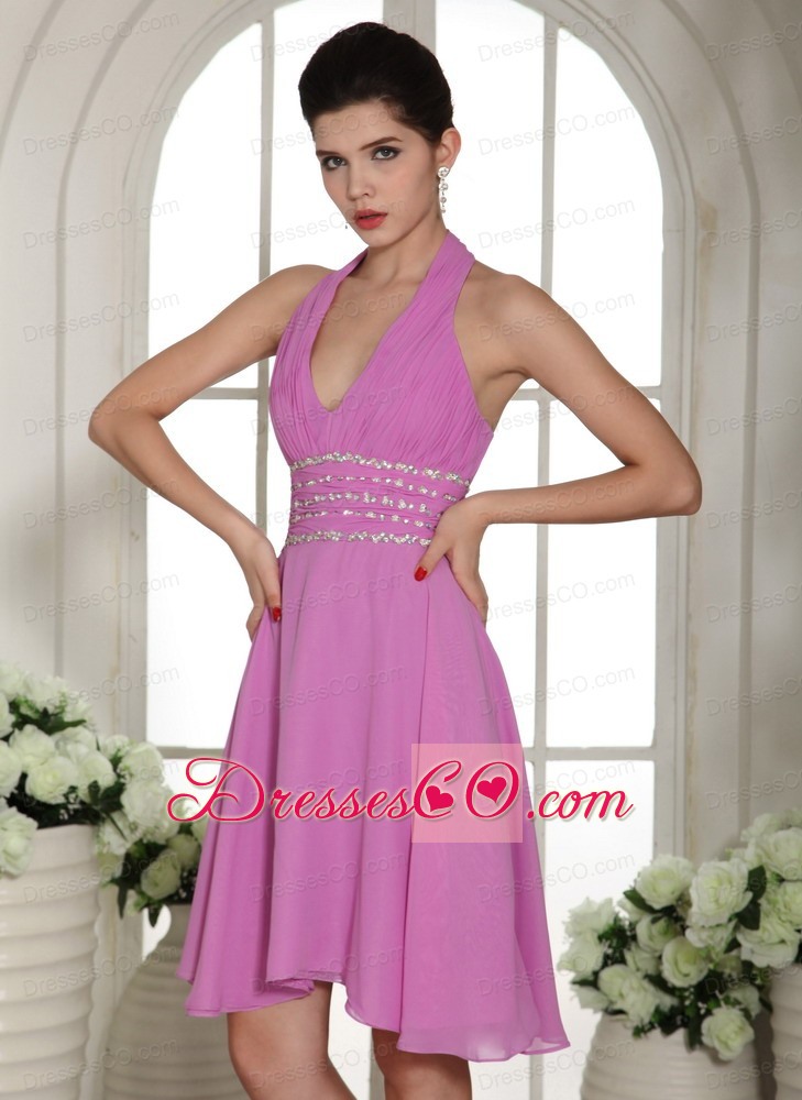 Stylish Lavender Halter Prom Cocktail Dress With Beading