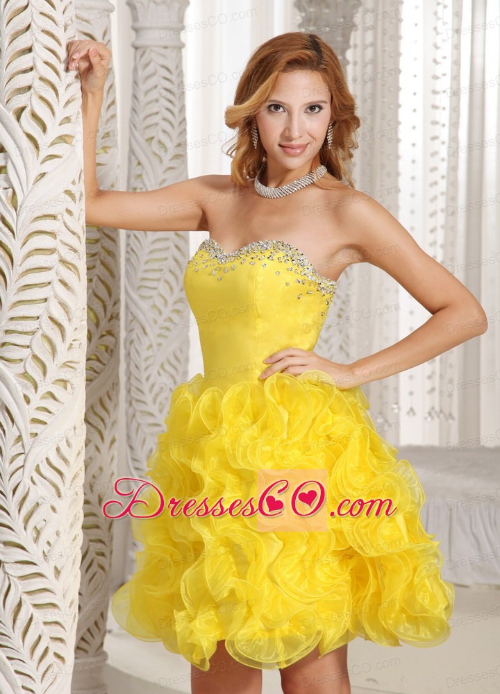Ruffles A-line Prom / Cocktail Dress Online Yellow Organza With Beading