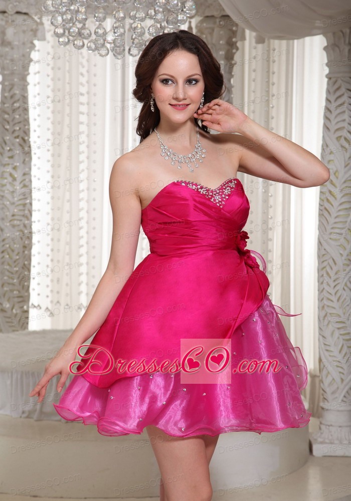 Hot Pink Organza Mini-length For Prom / Cocktail Dress With Beading Decorate