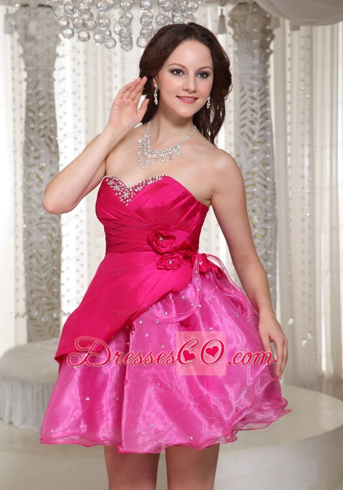 Hot Pink Organza Mini-length For Prom / Cocktail Dress With Beading Decorate