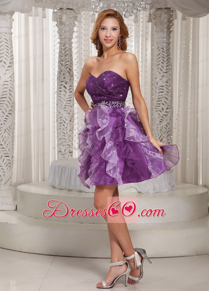 Lovely Princess Ruffles Beaded Decorate Eggplant Purple Prom Dress Cocktail Style