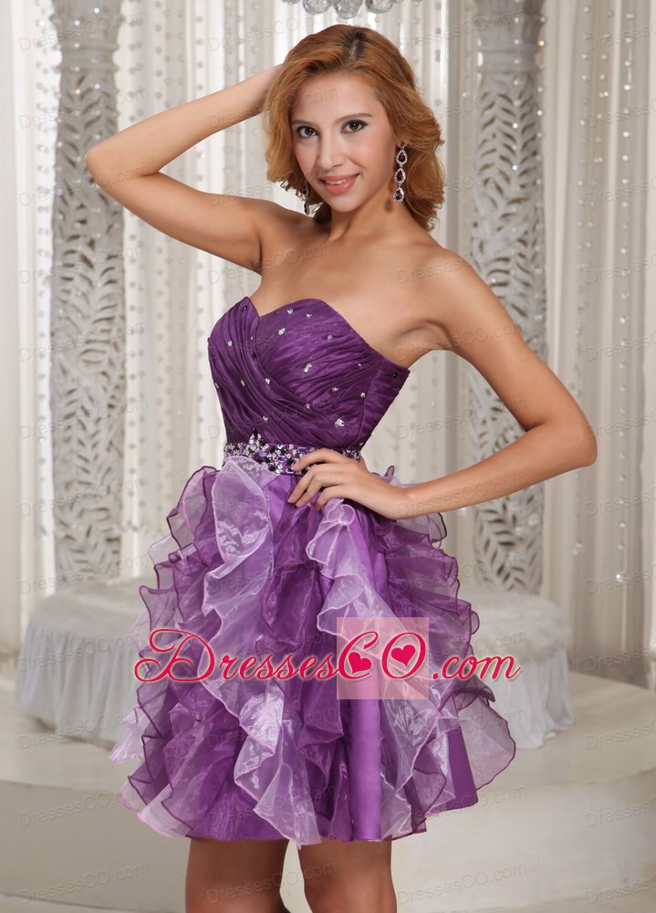 Lovely Princess Ruffles Beaded Decorate Eggplant Purple Prom Dress Cocktail Style