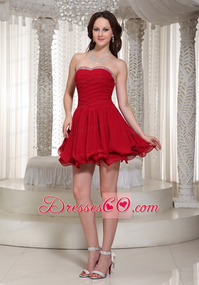 Red A-line Chiffon Ruched Bodice Prom Dress With Beaded Decorate For Cocktail