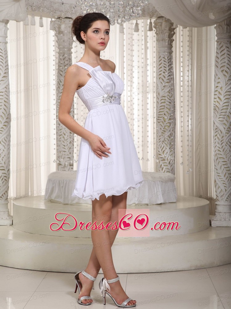 White Empire One Shoulder Mini-length Chiffon Beading Prom Dress