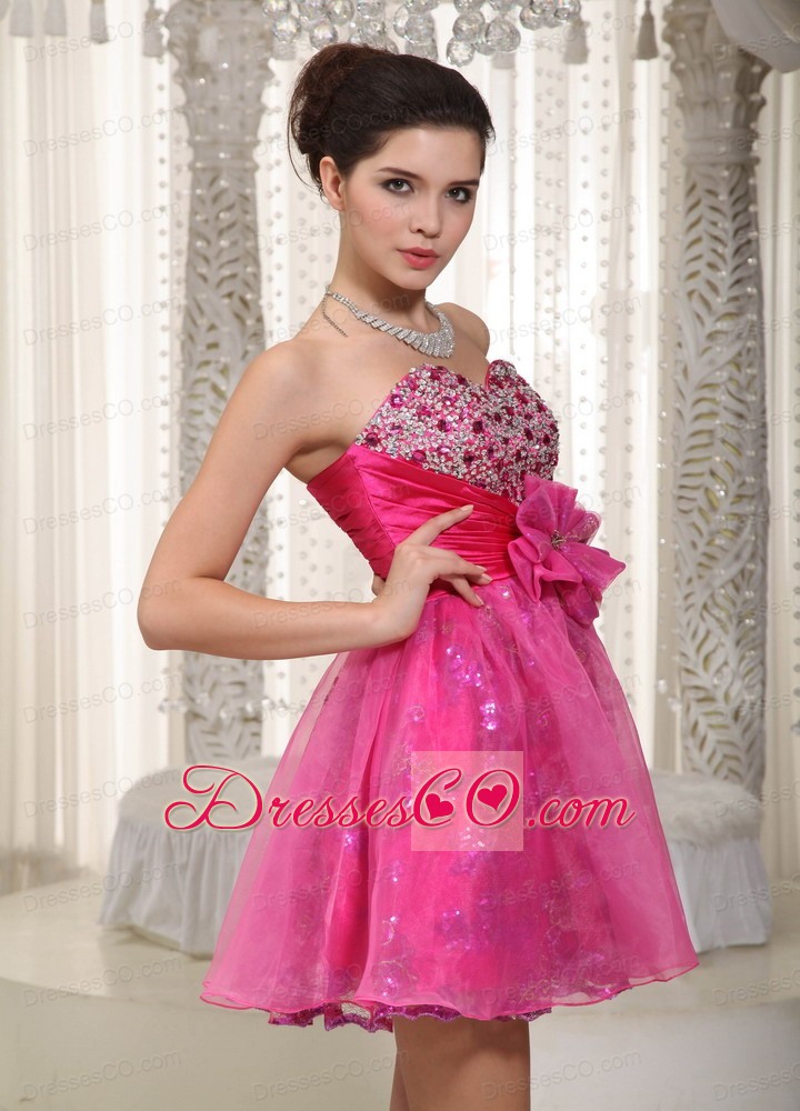 Hot Pink A-line Mini-length Taffeta And Organza Beading And Hand Made Flower Prom Dress